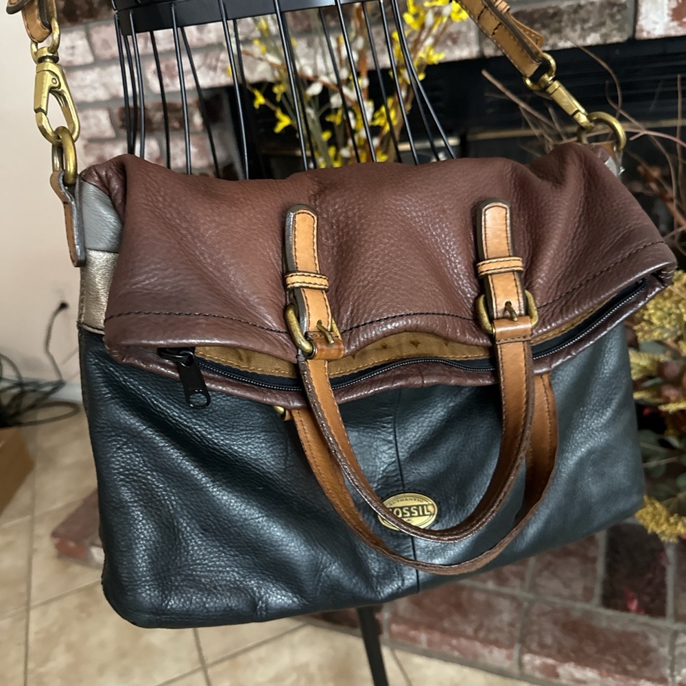 Fossil Brown Gold Black Colorblock Leather Crossbody - Picture 2 of 11